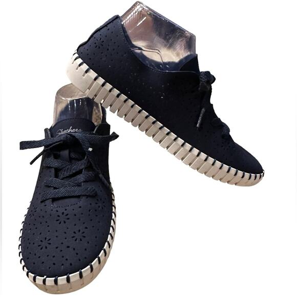 Skechers Air Cooled Memory Foam Navy Blue Perforated Lace Up Shoes  Womens 8.5 - Picture 1 of 6